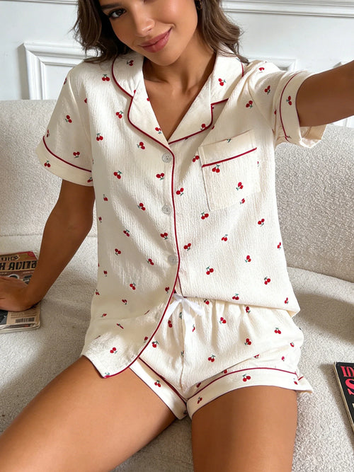 Women Pajamas Cardigan Lapel Short Sleeve Shorts Two Piece Set Loungewear Spring Summer Sweet Cherry Print Beige Background Loos