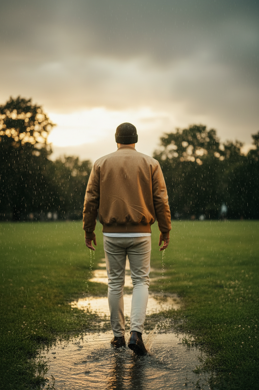 Man wearing rain boots in a puddle